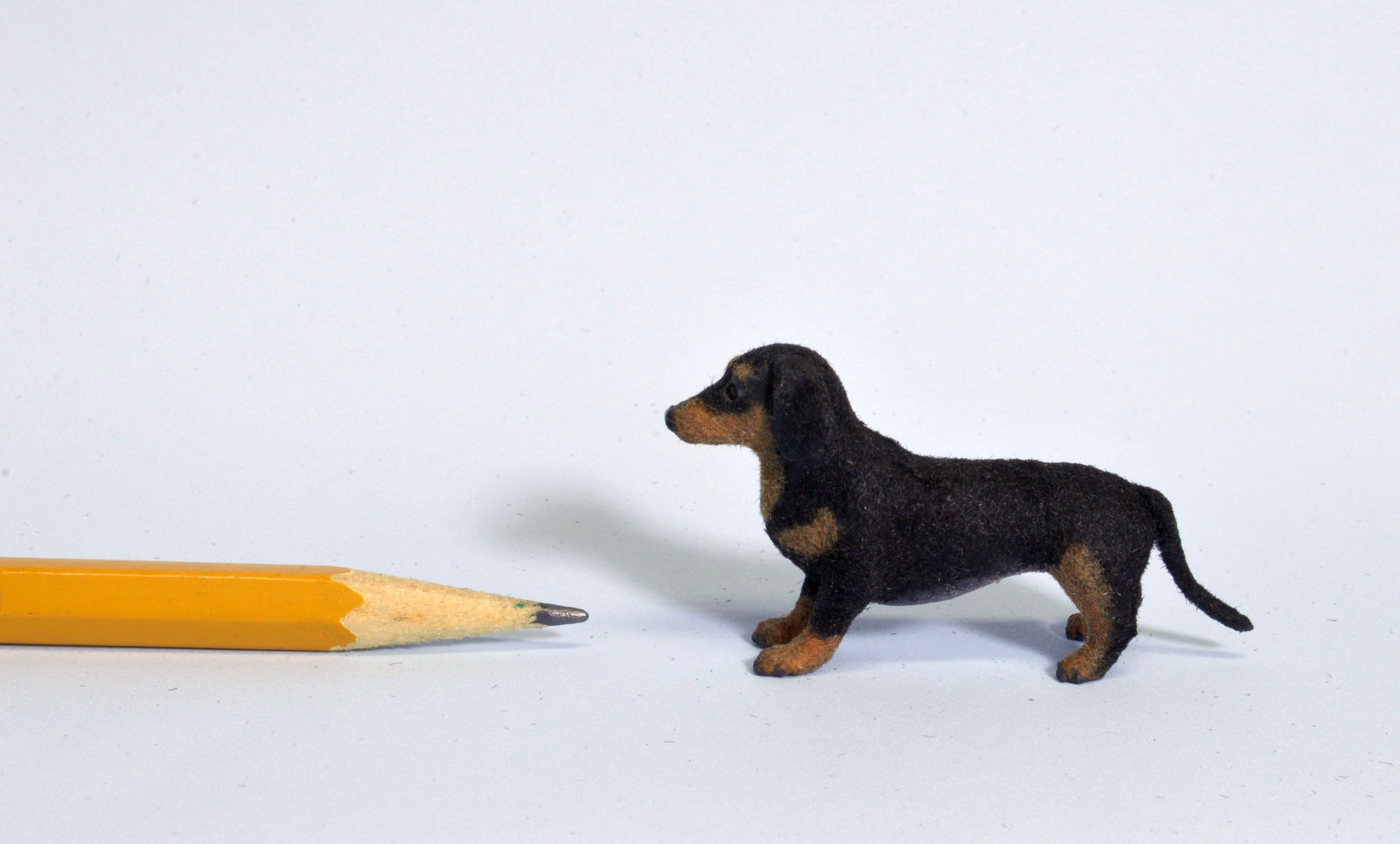 Hand 



carved furred realistic OOAK dollhouse miniature black and tan Dachshund doxie