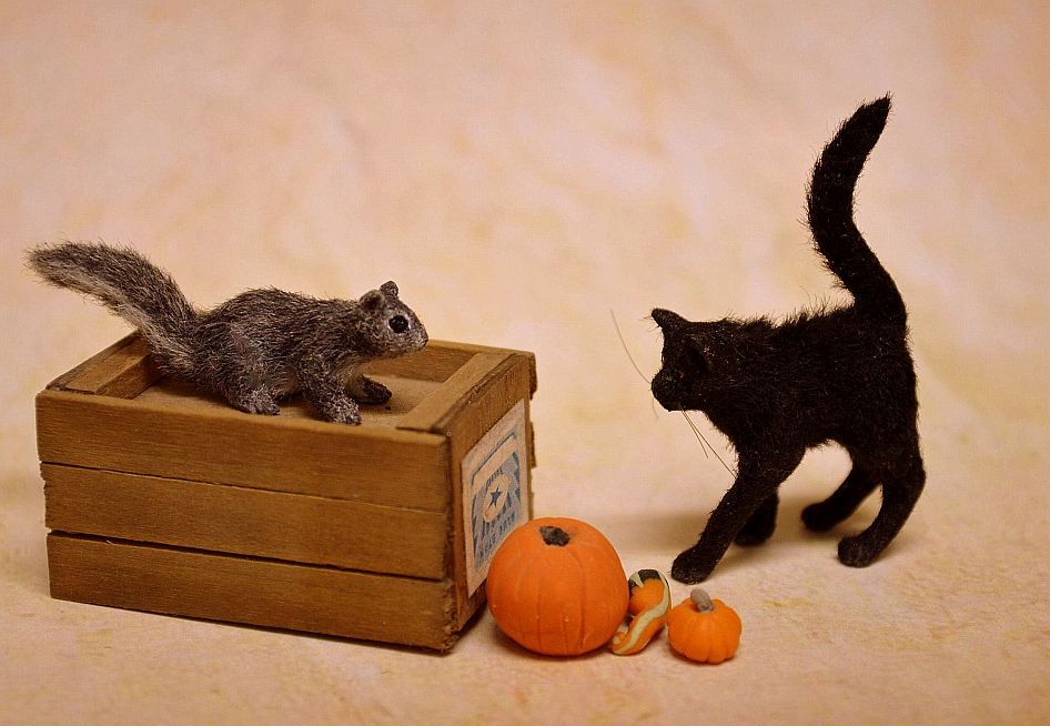 Hand carved 



furred realistic OOAK dollhouse miniature black cat and gray squirrel