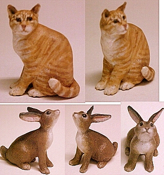 hand carved wood miniature cat and bunny