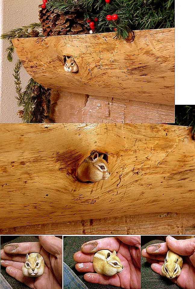 hand carved wood miniature custom chipmunk
