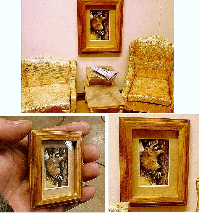 Hand made raccoon painting custom matted and framed dollhouse miniature art.