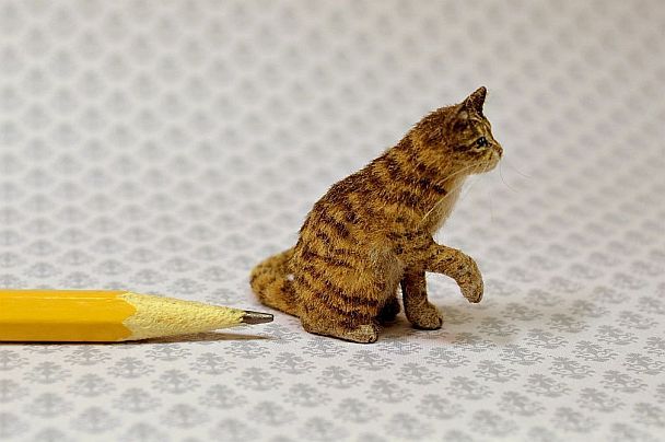 Hand carved 



furred realistic OOAK dollhouse miniature brown tabby cat